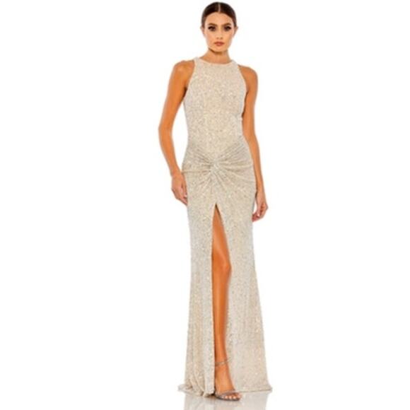MAC DUGGAL Dress Size 18 Evening Gown Sequin Cream Sleeveless Twist Front NEW - Picture 1 of 8